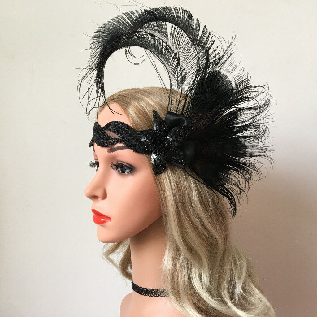 1920s  Flapper Headband Feather Hairband Headpiece Wedding Party Black