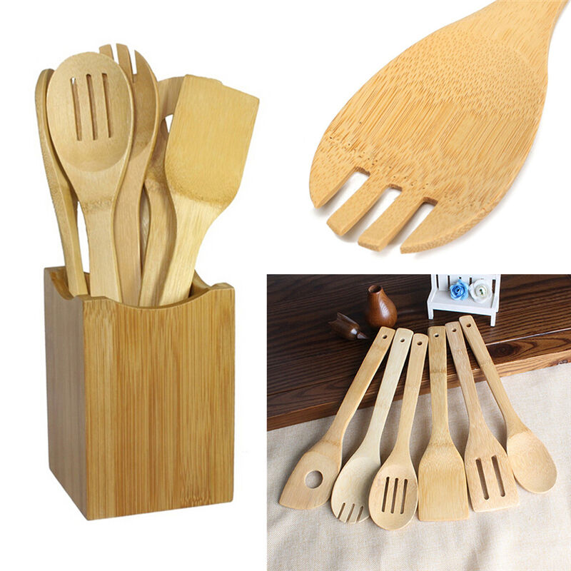 6x/Set Bamboo Utensil Kitchen Wooden Cooking Tools Spoon Spatula Mixing .DD