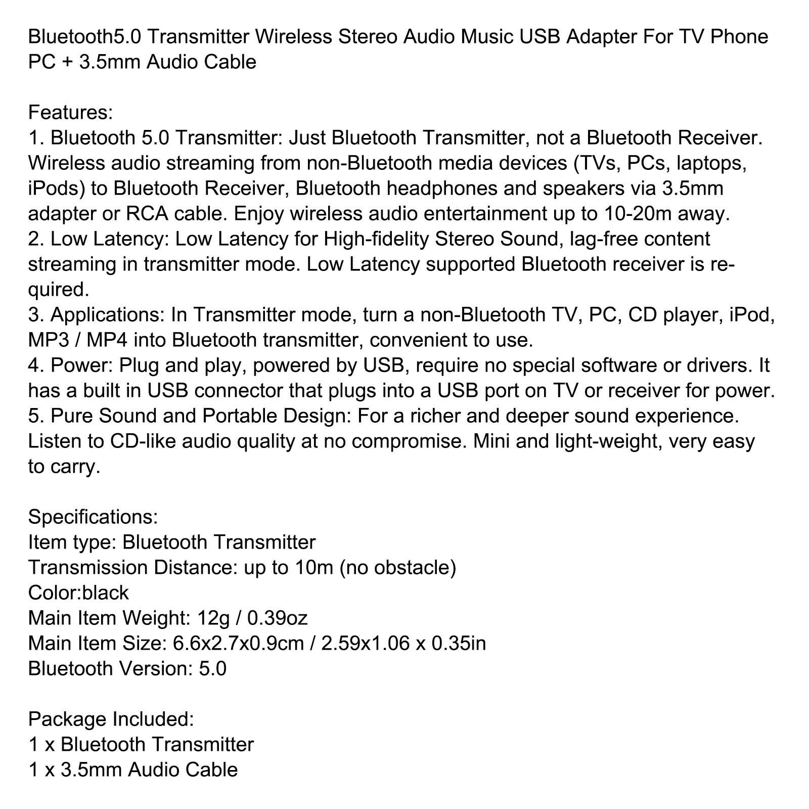 Wireless Bluetooth 5.0 Transmitter For TV Phone PC Stereo Audio Music Adapter