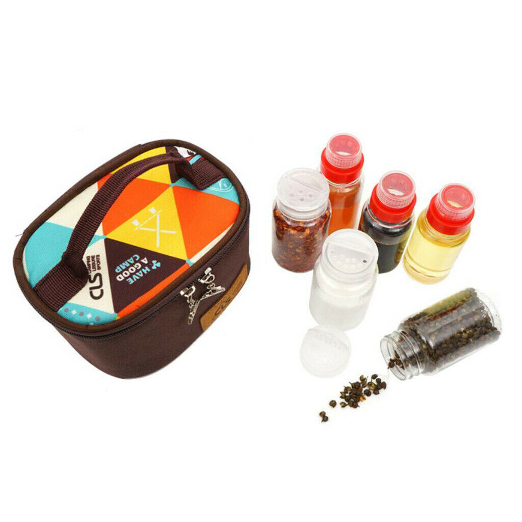 6Pcs Camping Picnic BBQ Condiment Spice Jar Bottles with Portable Carry Bag