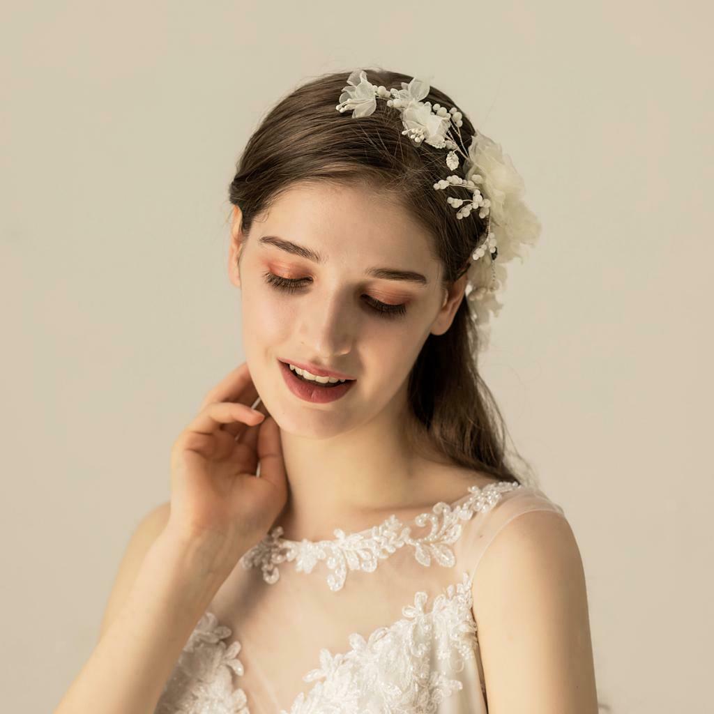 Handmade Chiffon Flowers Tiara Bride Pearls Headdress Hair Comb Headpieces