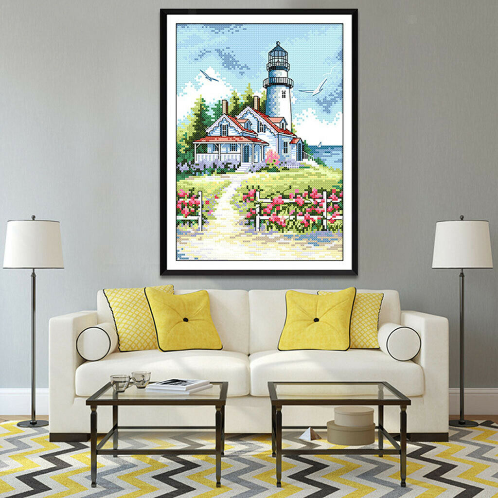 Seaside Lighthouse Stamped Cross Stitch Kit, Beautiful DIY Needlework Counted