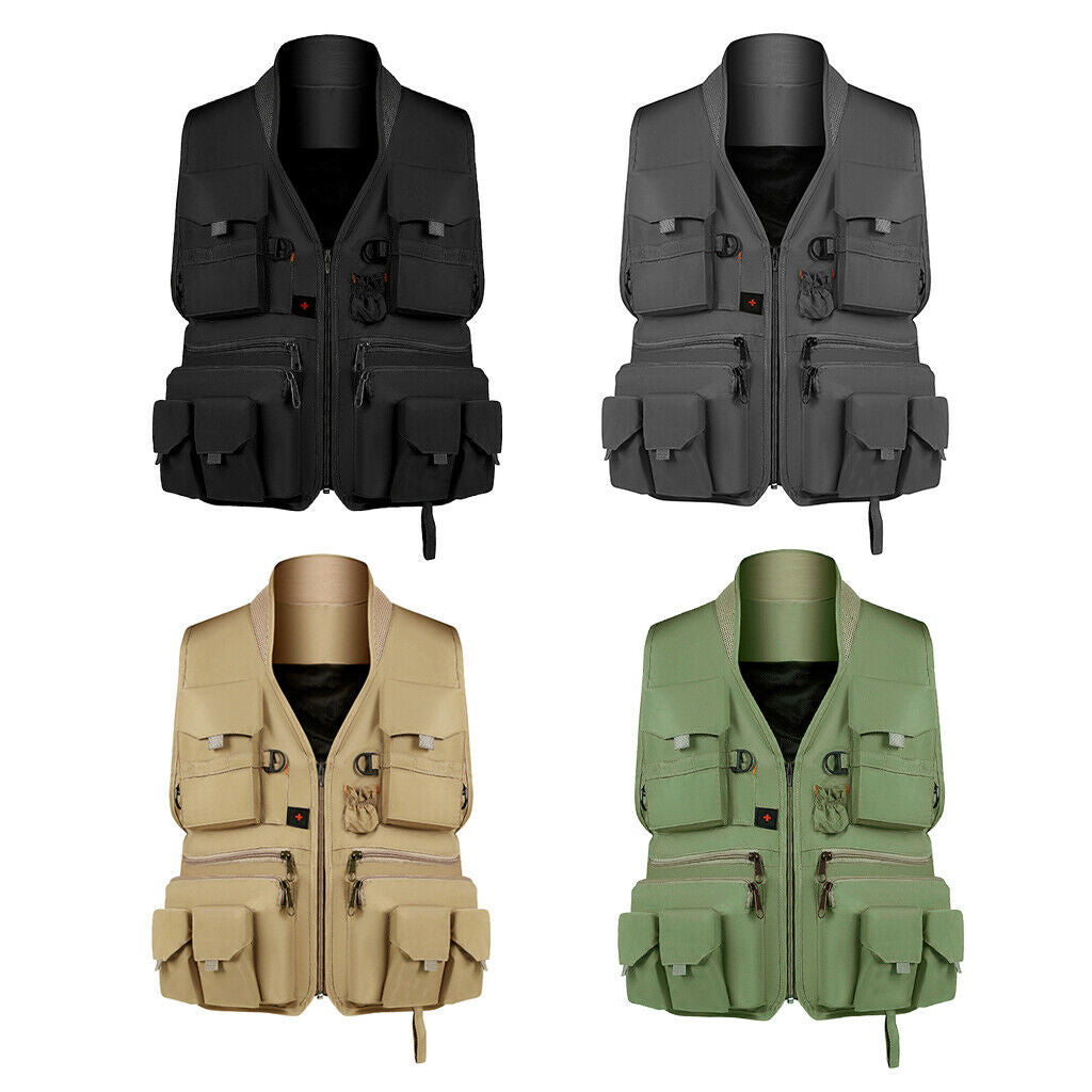 Multi Pocket Photography Hunting Fishing Vest Jacket Waistcoat Khaki XL
