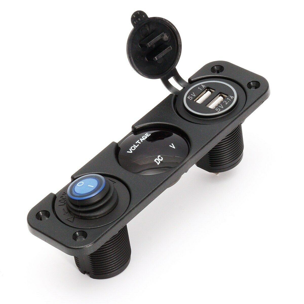 Car Rocker Switch Panel with Blue LED Voltmeter USB Charger Cigarette Lighter