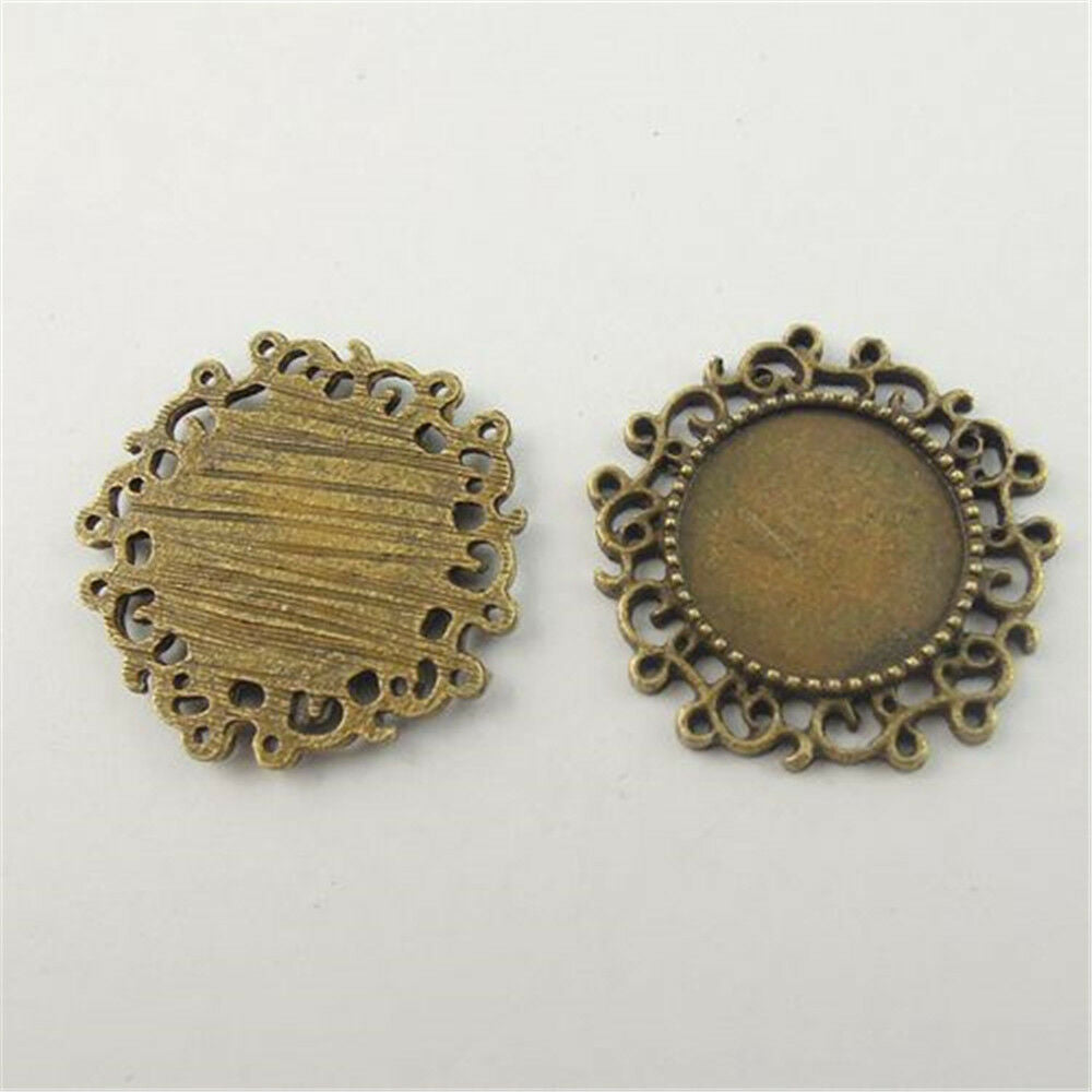 20 pcs Antiqued Bronze Floral Bezel Tray Round 14mm Base Setting Pendant Charm