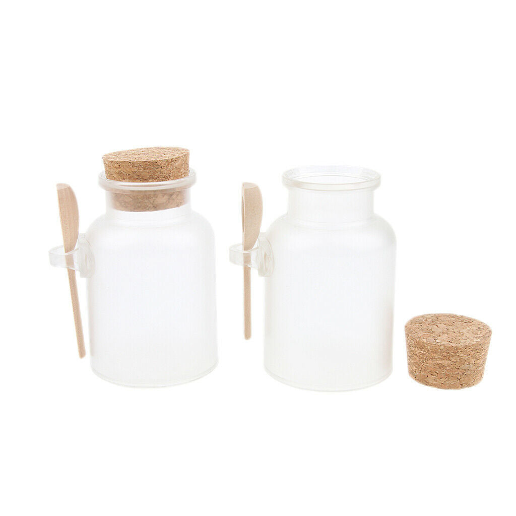 2 Pcs Bath Salt Bottle Wood Spoon Round Cosmetic Cork Jar Container 200g