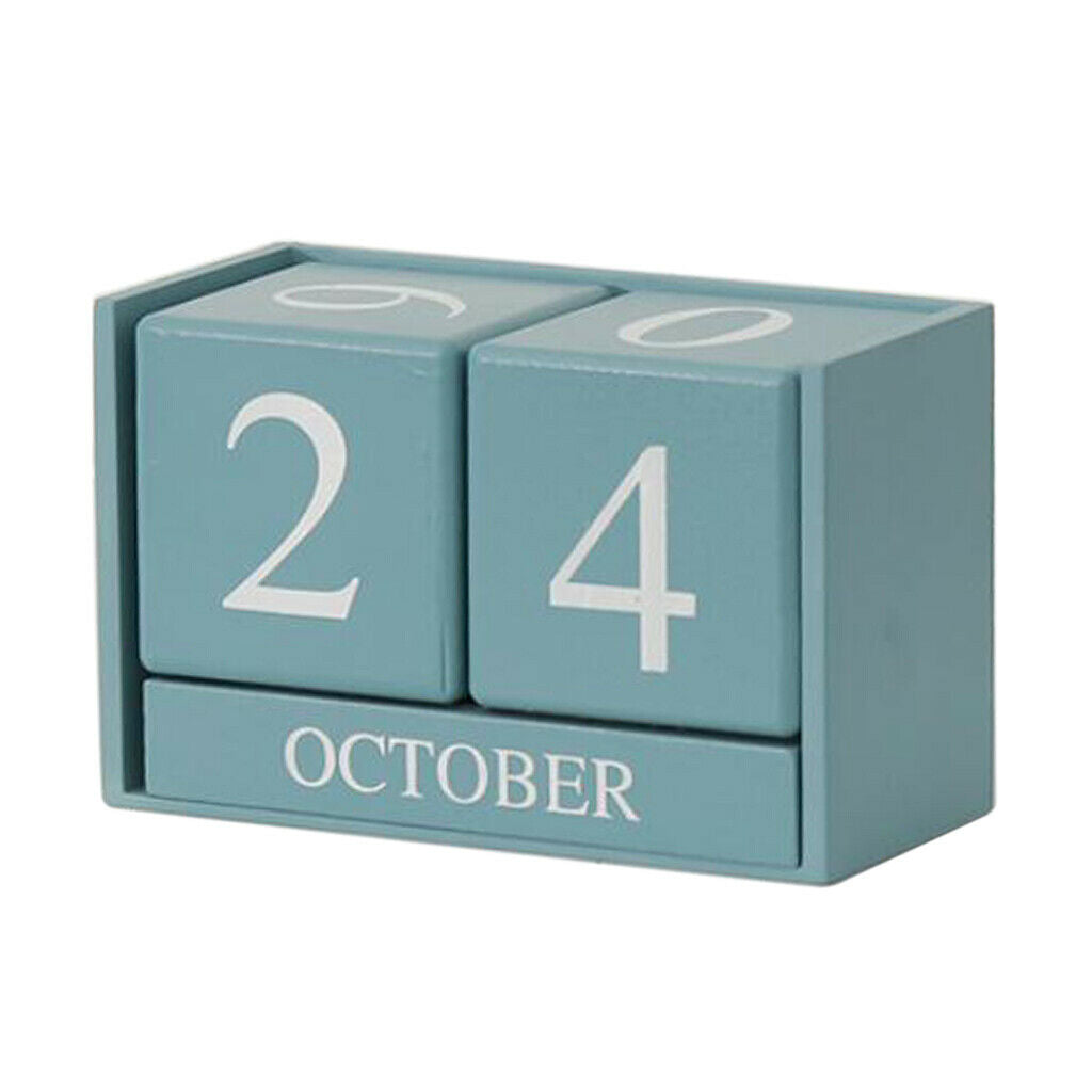 Wooden Perpetual Calendar Desktop Block Wood Calendar for Home Office Blue