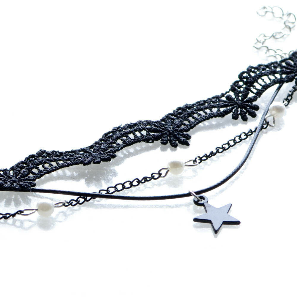 Retro Gothic Multilayer Five Pointed Star Chain Lace Bracelet Womens Jewelry