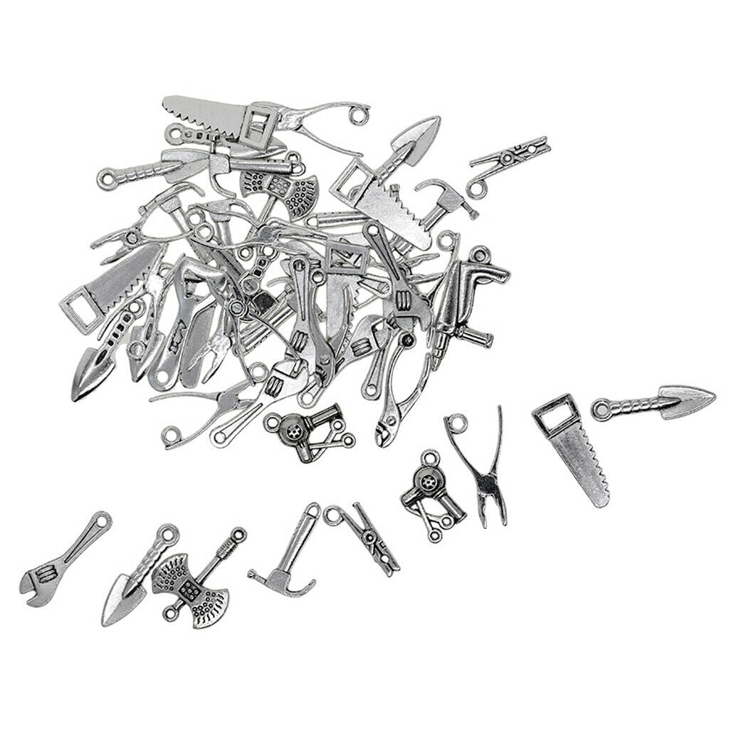 50Pcs Metal Mixed Tools Charms Pendant, Hammer Piler Wrench Charm Pendant,