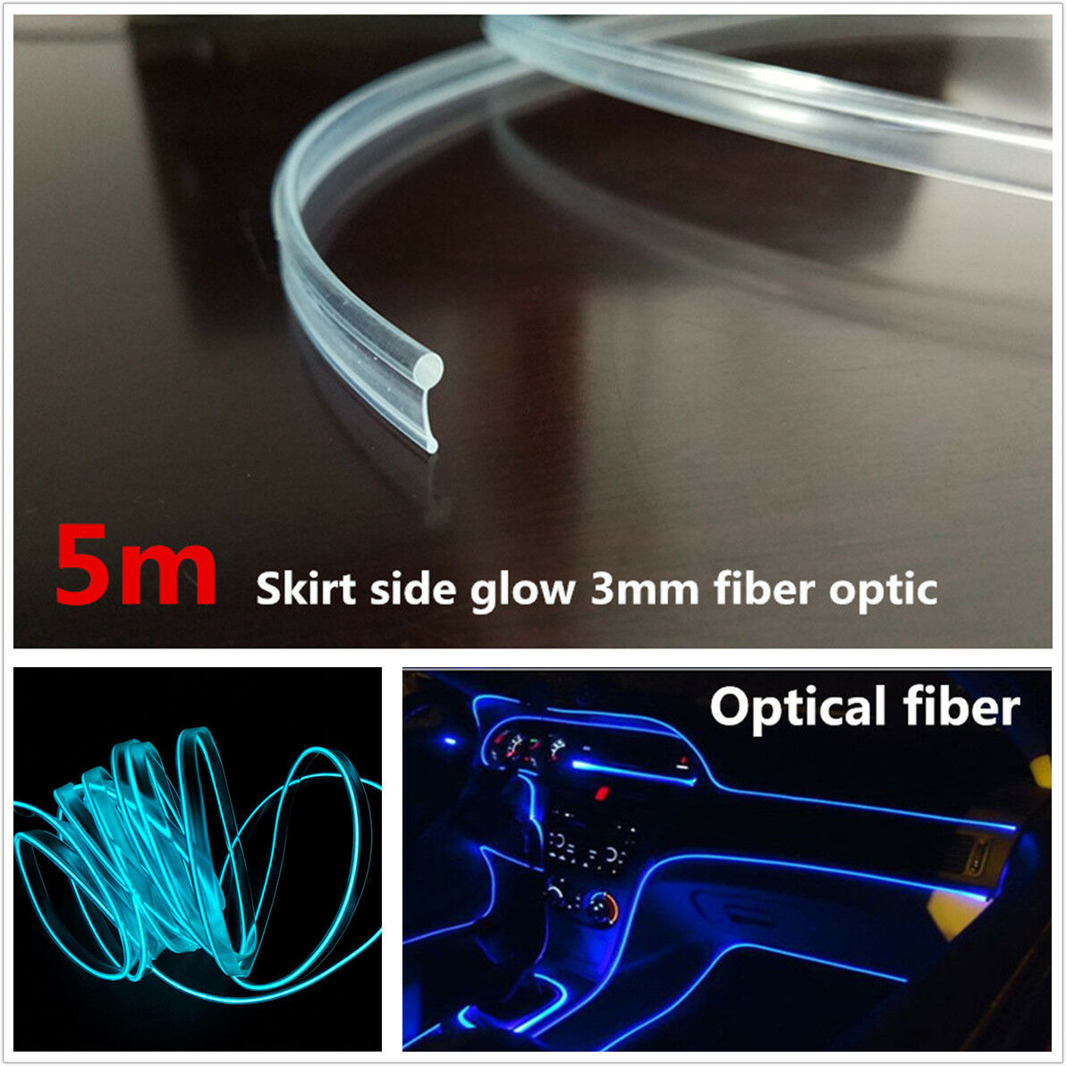 5 Meters*3.0mm Universal Skirt Side Glow Fiber Optic Cable Car Decoration Light