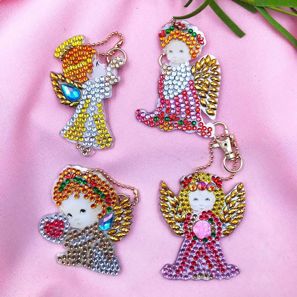 4pcs DIY Full Drill Diamond Paintng Special Shape Girl Angle Style Keychain @