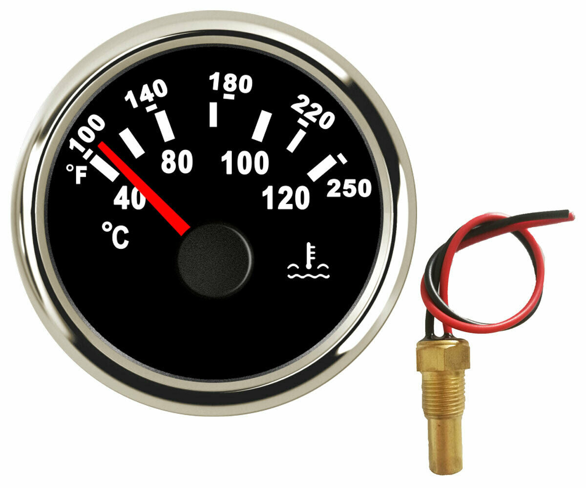 52mm black water temp gauge with sender 100-250F 287.4-22.4 ohms for auto marine