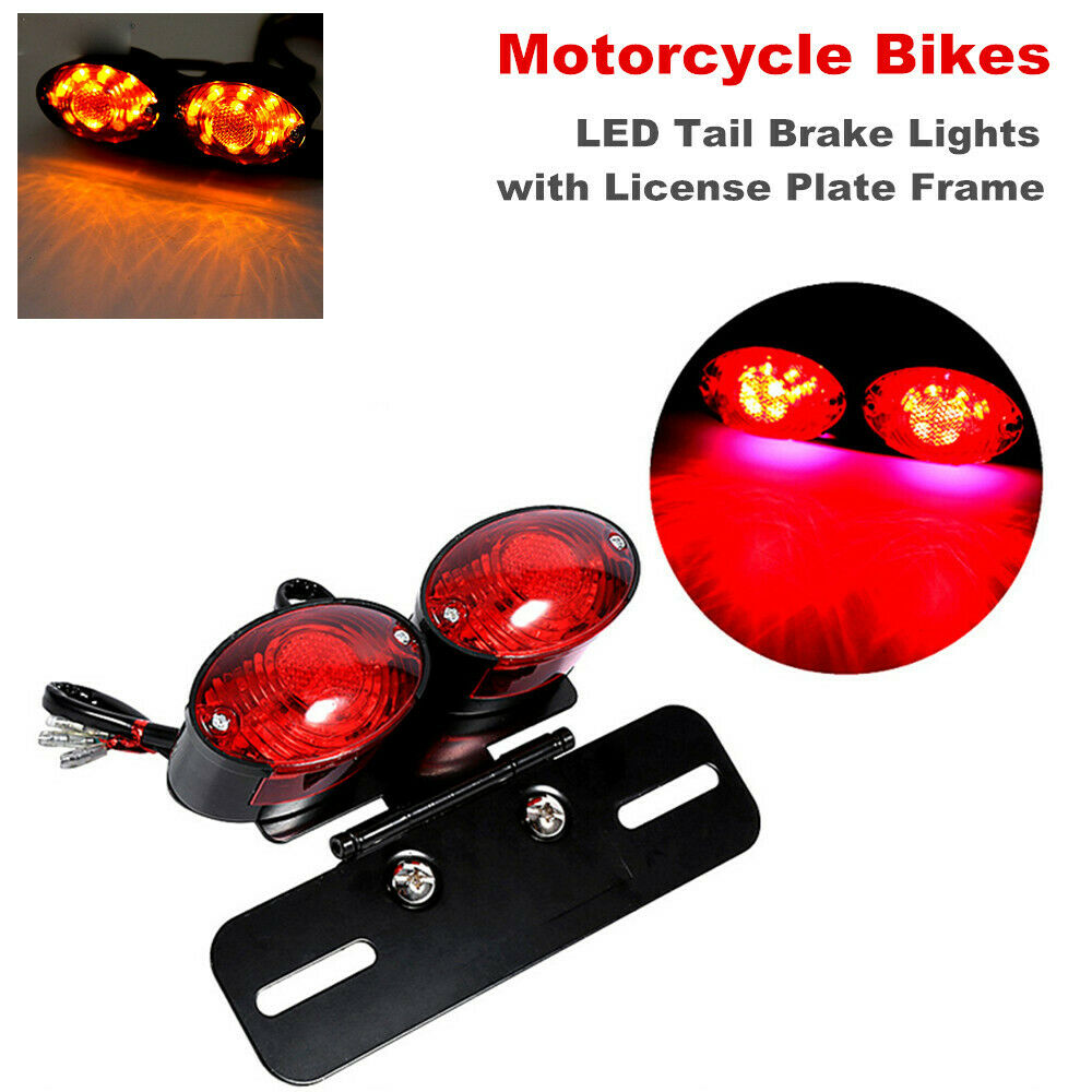 Motorcycle Modification Double Oval LED Tail Brake Lights w/ License Plate Frame