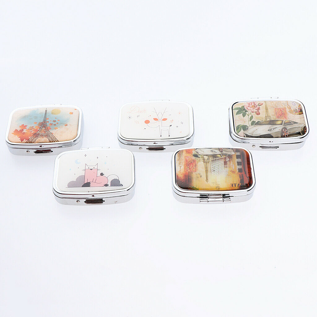 Square Stainless Steel Compact 2 Compartment Medicine Case, Pill Box for Pocket