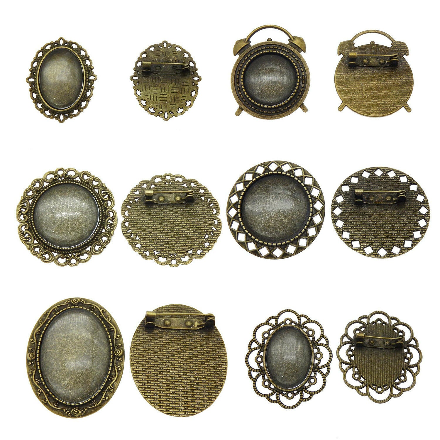 6 sets Mix Antiqued Bronze Pin Brooches Bezel Base Settings with Glass Cabochons