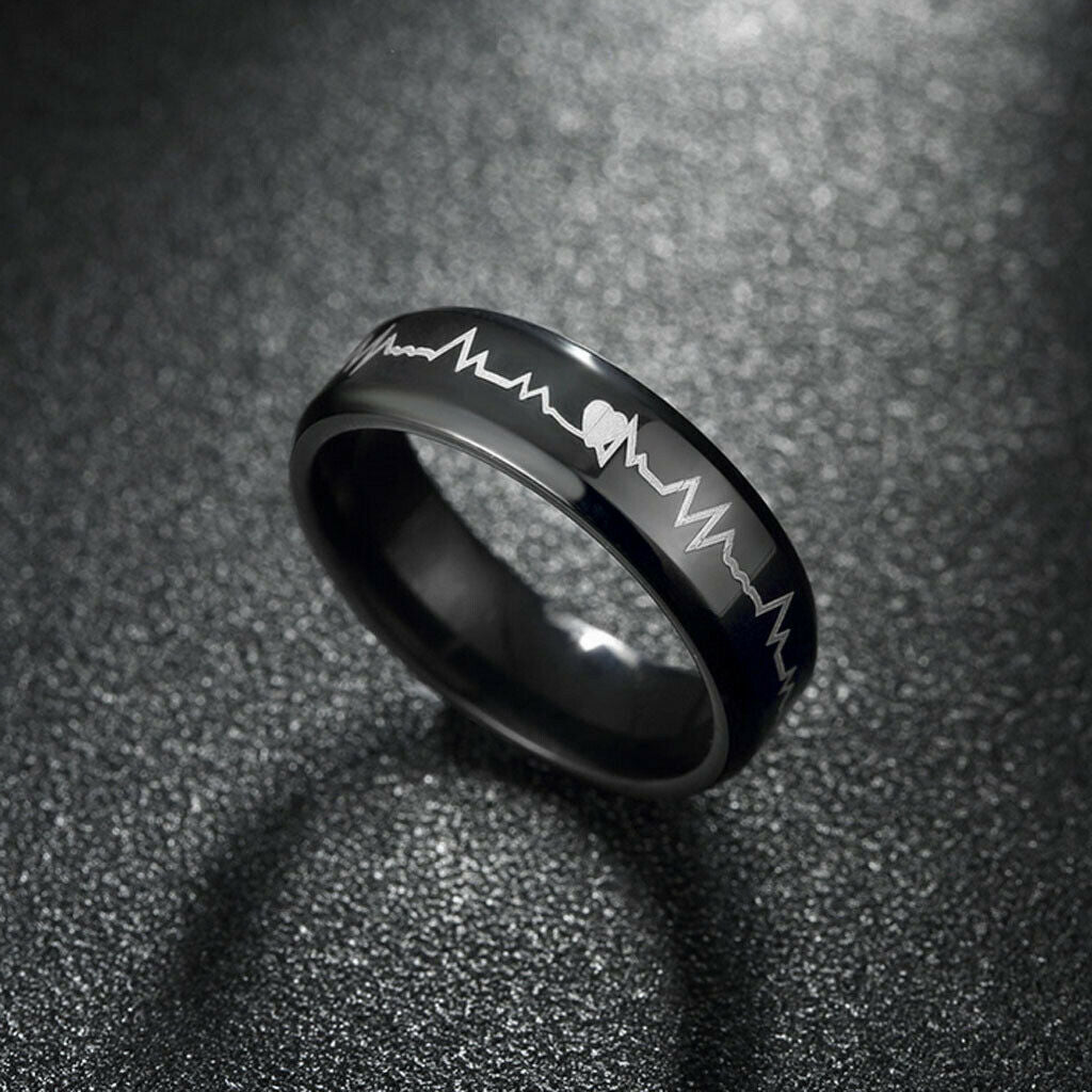 Stainless Steel Heartbeat Comfort Fit Ring Wedding Band Engraved Love US 9