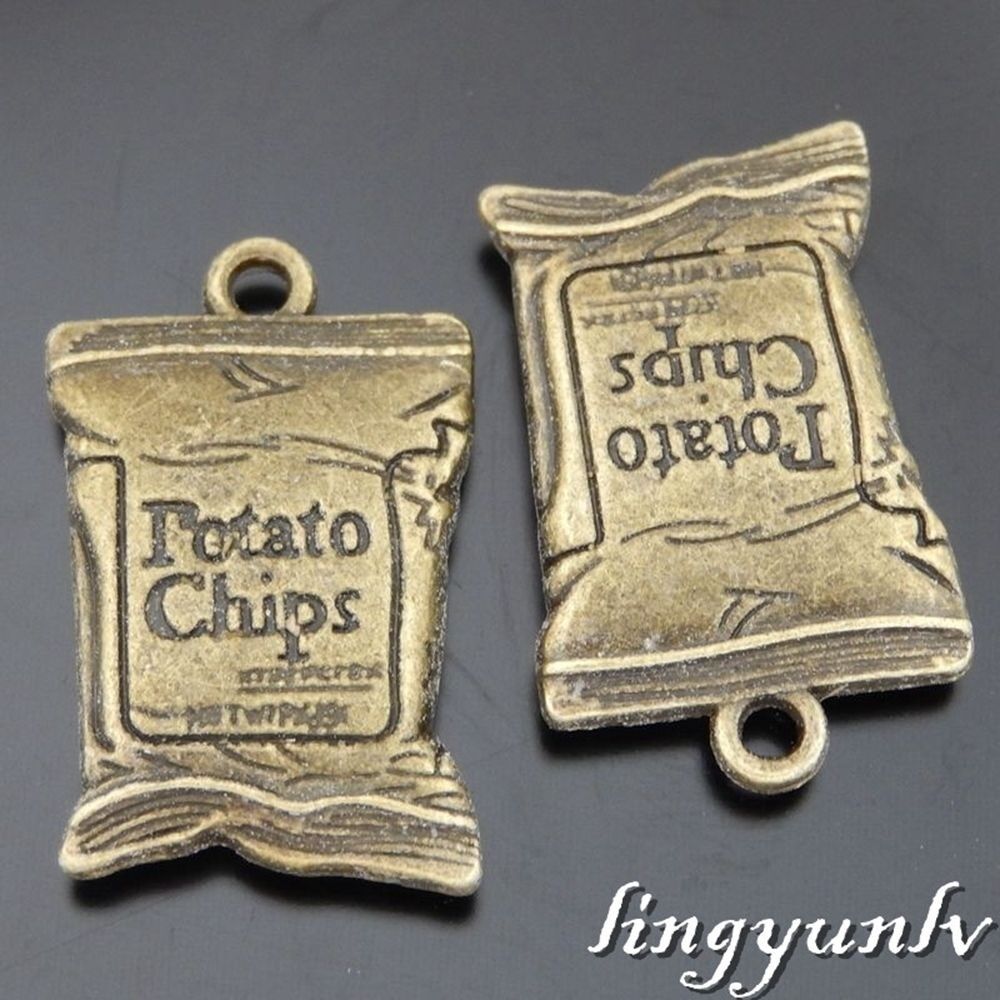 4 pcs Pack Antiqued Bronze Alloy Potato Chips Bag Shaped Pendant Charm 25x16x4mm
