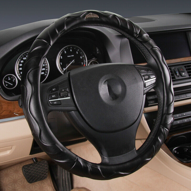 38CM Car Steering Wheel Cover Universal SUV Auto Black PU Leather Wear Non-slip