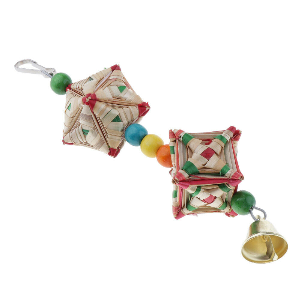 Natural Straw Bird Chewing Toys with Bells Hanging Parrot Toys Bird Cage Pendant