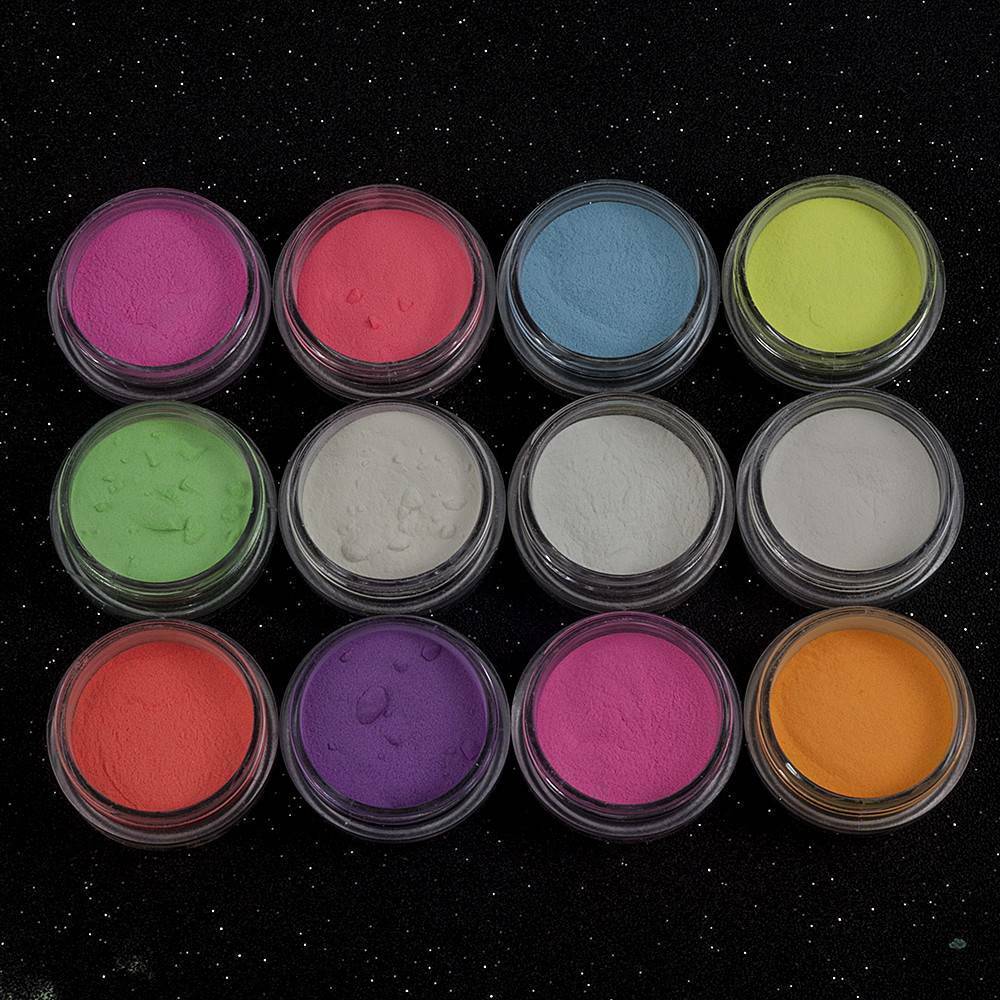 12Colors/Pack Acrylic Fluorescent Powder Glow In the Dark Manicure Nail Pigment~