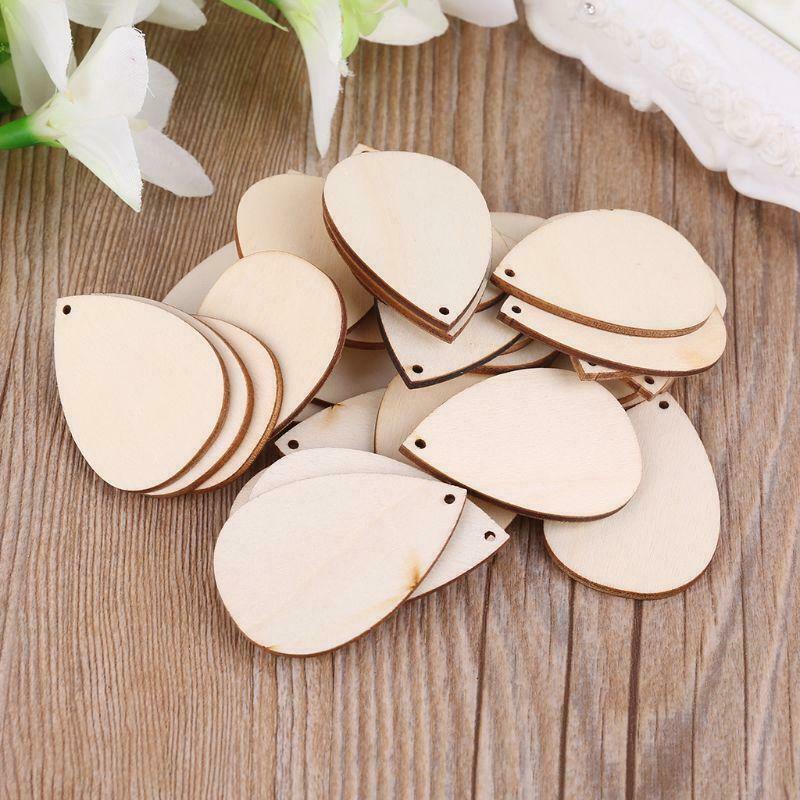 30pcs Waterdrop Shape Natural Wooden Ornaments Holes Blank Slices DIY Scrapbook