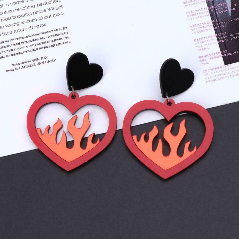Acrylic Red Heart Fire Dangle Earrings Pendant Statement Women Fashion Jewelry