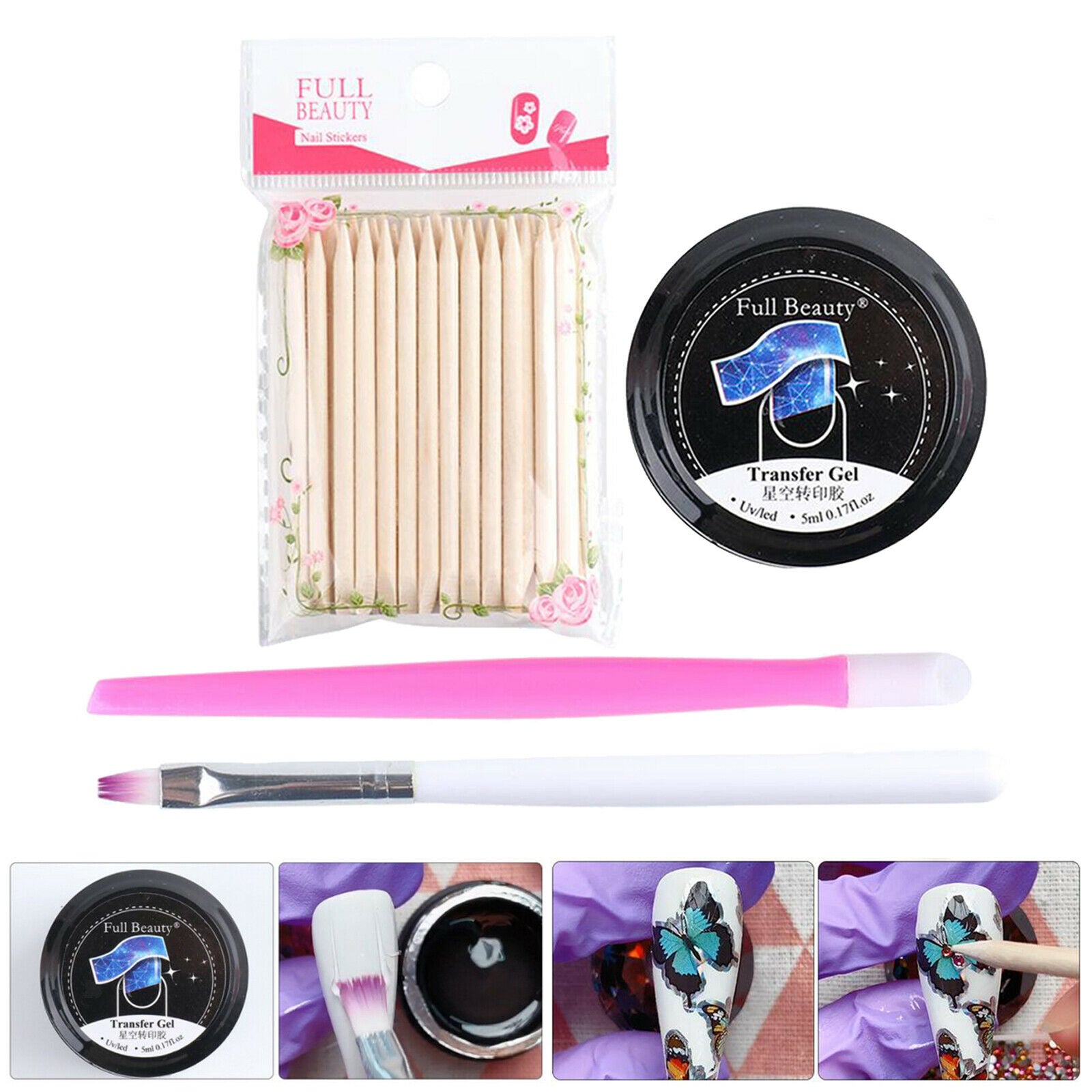 Nail Foil Transfer Gel Set UV Nail Art Glue Gel Pen Wood Sticks DIY Kit
