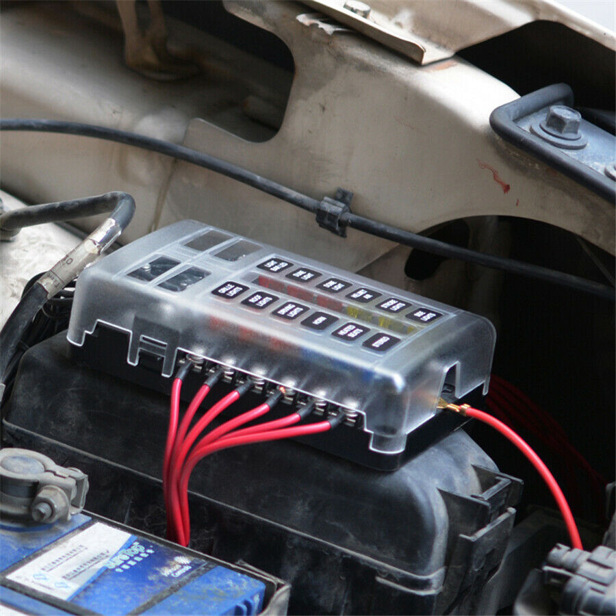 Auto Marine 12-Way Middle Size Blade Fuse Box Block with Red LED Clear PC Shell