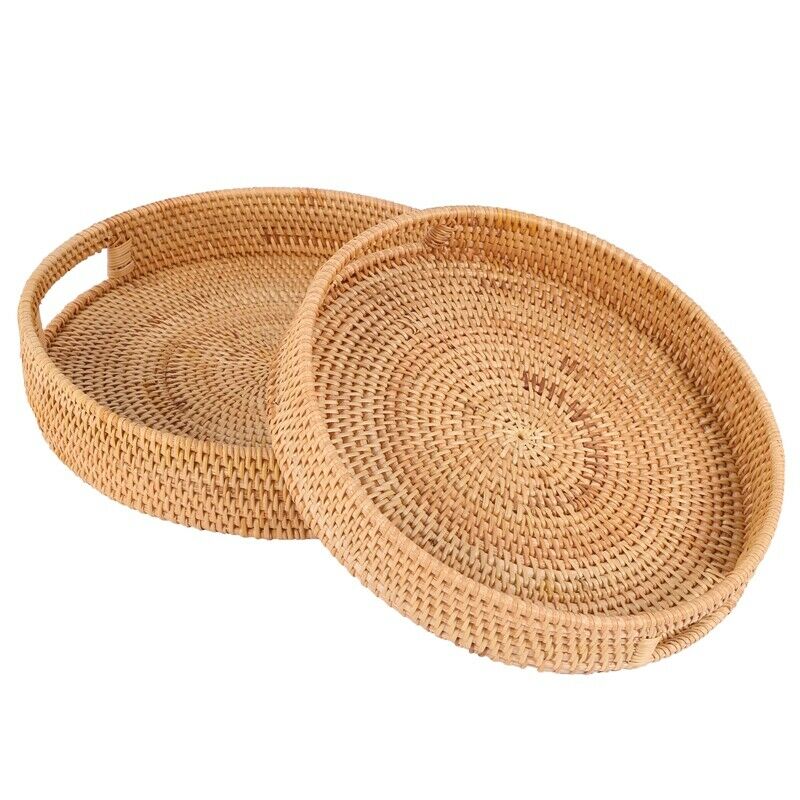 Rattan Handwoven Round High Wall Seve Tray Food Storage Platters Plate over HaE4