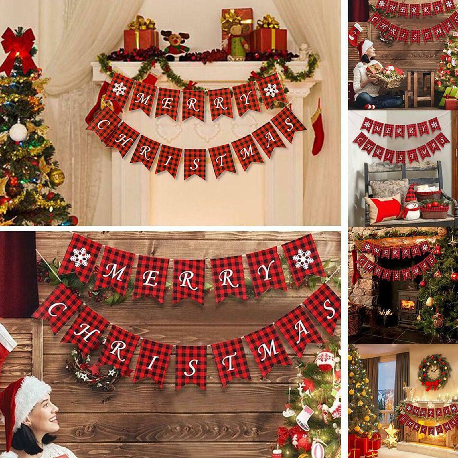 Merry Christmas Banner Flag Burlap Plaid Hanging Ornaments Xmas Party Decor Home