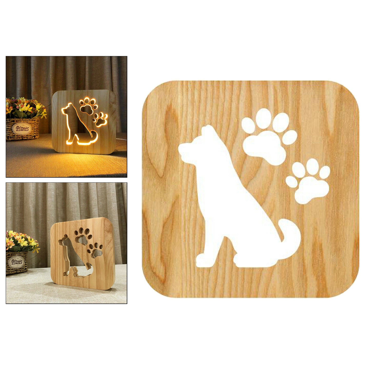 LED USB Wooden Night Light Dog Paw Hollow Bedroom Lamp Home Decoration for Kids