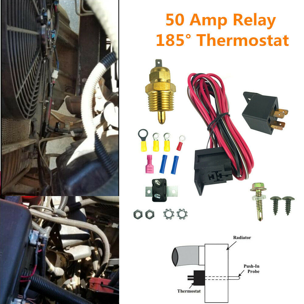Electric Radiator Cooling Fan Wiring Install Kit 50Amp Relay 185Â° Thermostat SBC