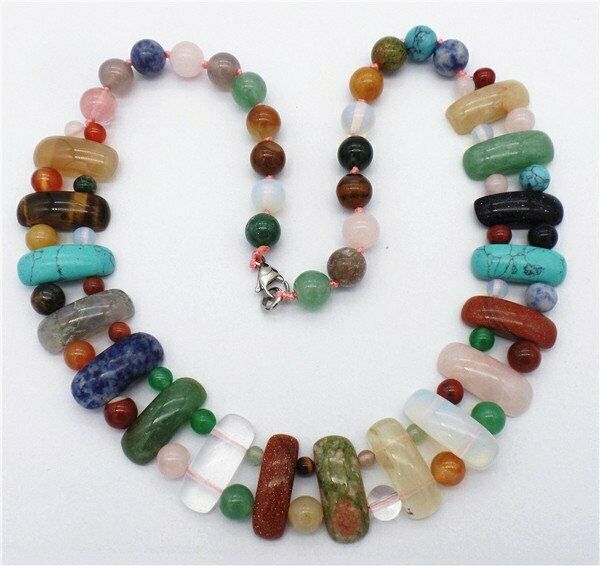 1 Strand 25x10x8mm Colorful Mixed Stone Handmade Rectangle Beads Necklace HH7361