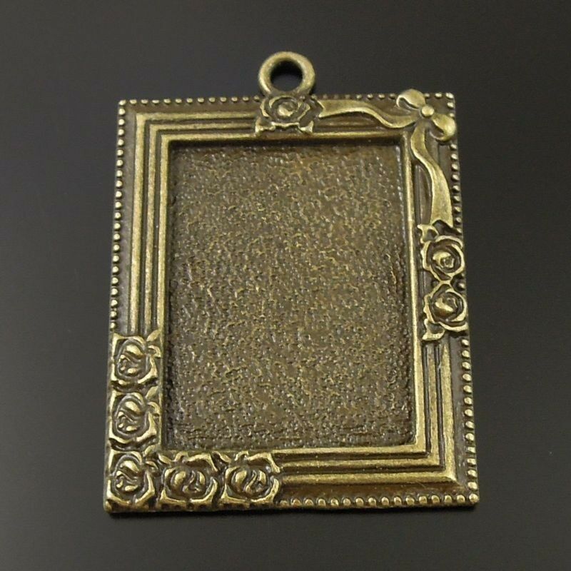 Antiqued Bronze Alloy Rectangle Rose Side Cameo Setting Pendant 40*32*3mm 8pcs