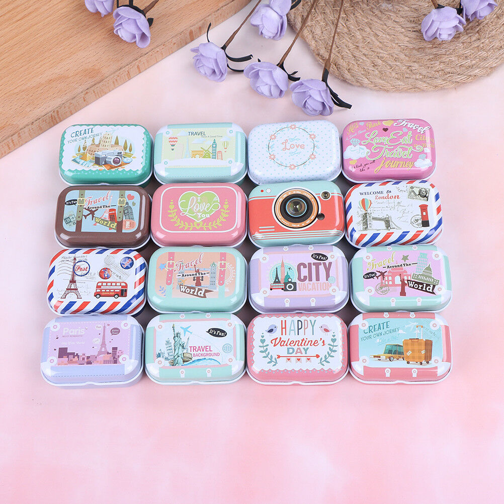 Mini tin trinket jewelry coin box tinplate storage case small rectangular-ran DD