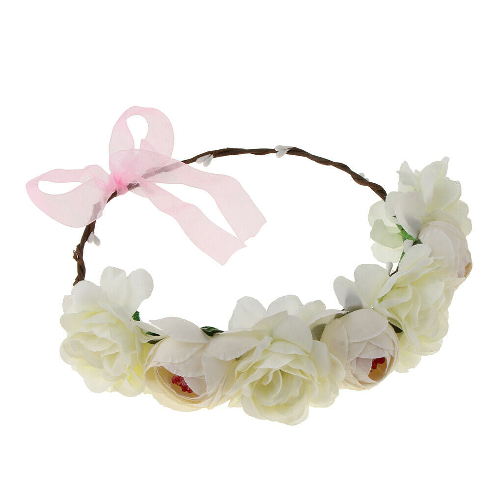 Silk Flower Wreath Headband Garland Wedding Festival Party Hair Costume - Beige,
