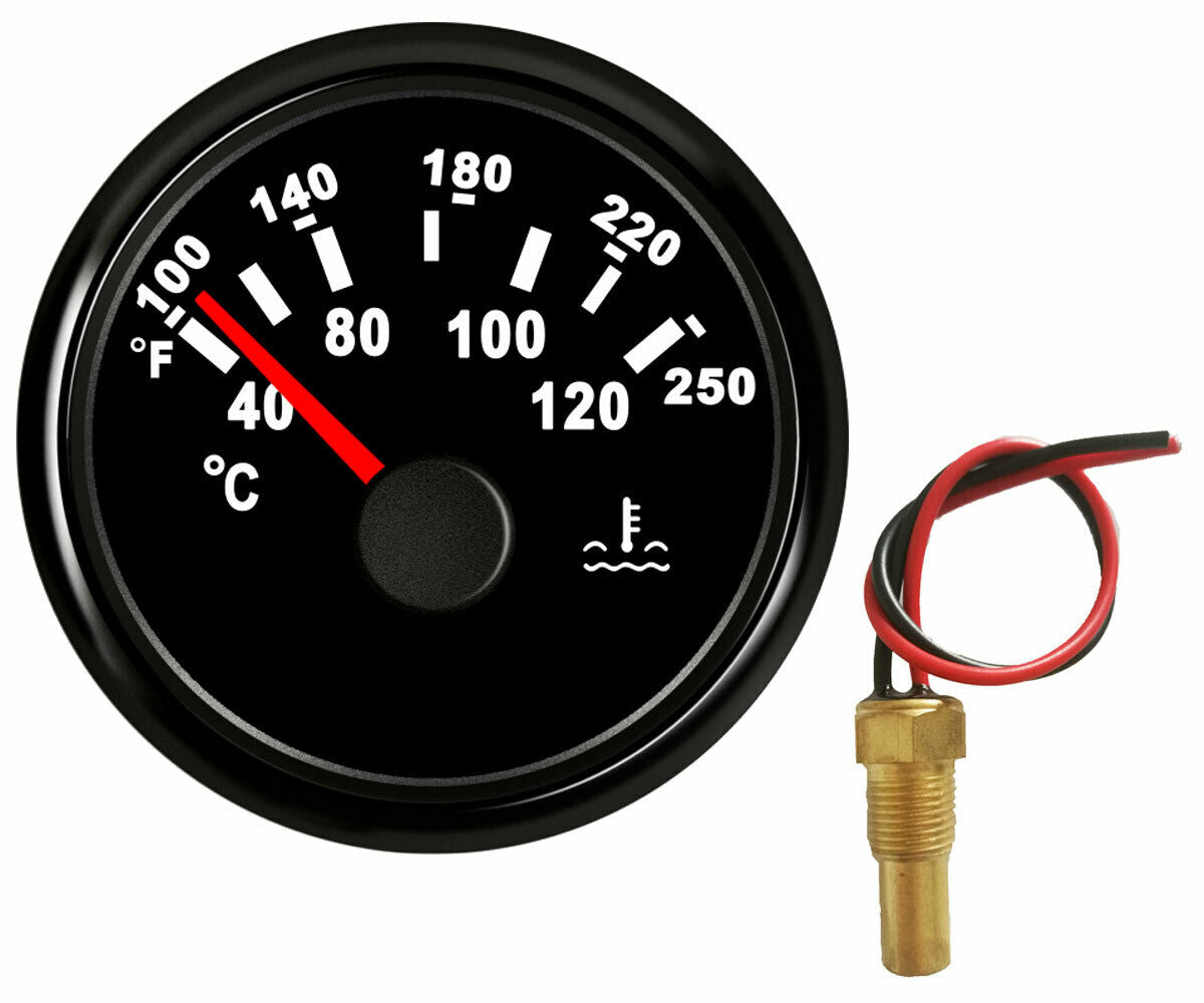 52mm water temp gauge with sender 100-250F 287.4-22.4 ohms black for auto marine