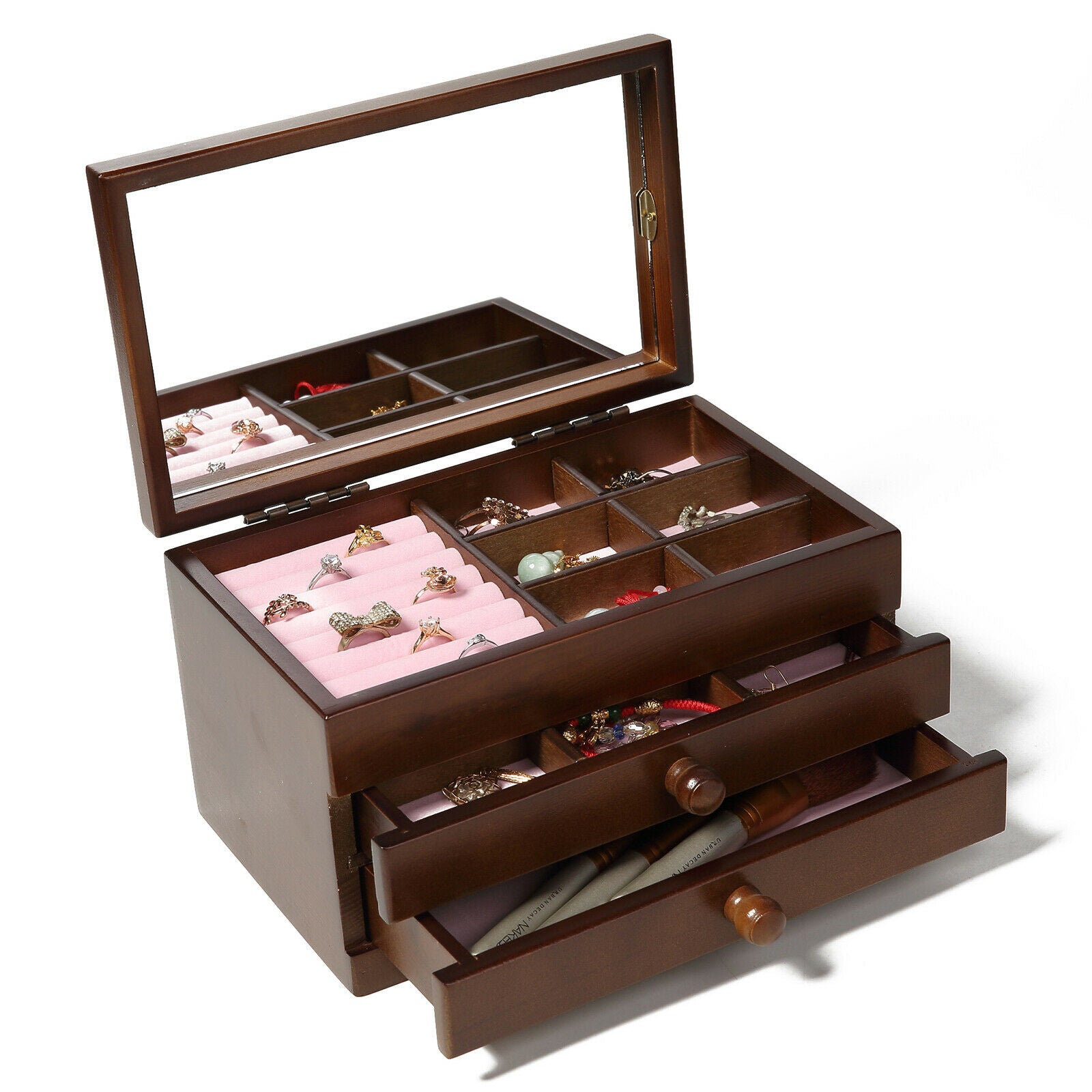 Wooden Jewelry Box Earrings Organizer Case with Mirror & Drawer for Women
