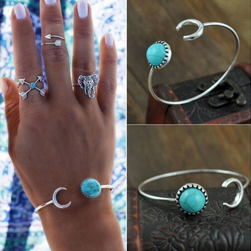 Fashion Moon Open Charm Bracelet Natural Turquoise Stone Bracelets Bangl.l8