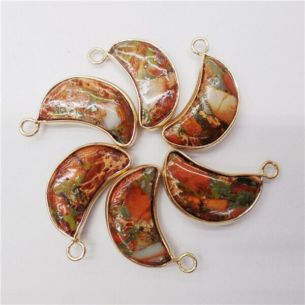 10Pcs Golden Wrapped Green&Orange Sea Sediment Jasper Moon Pendant Bead HH9017