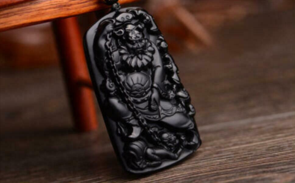 Natural Black Obsidian Hand Carved ZHONGKUI Lucky Pendants+Beads Necklace