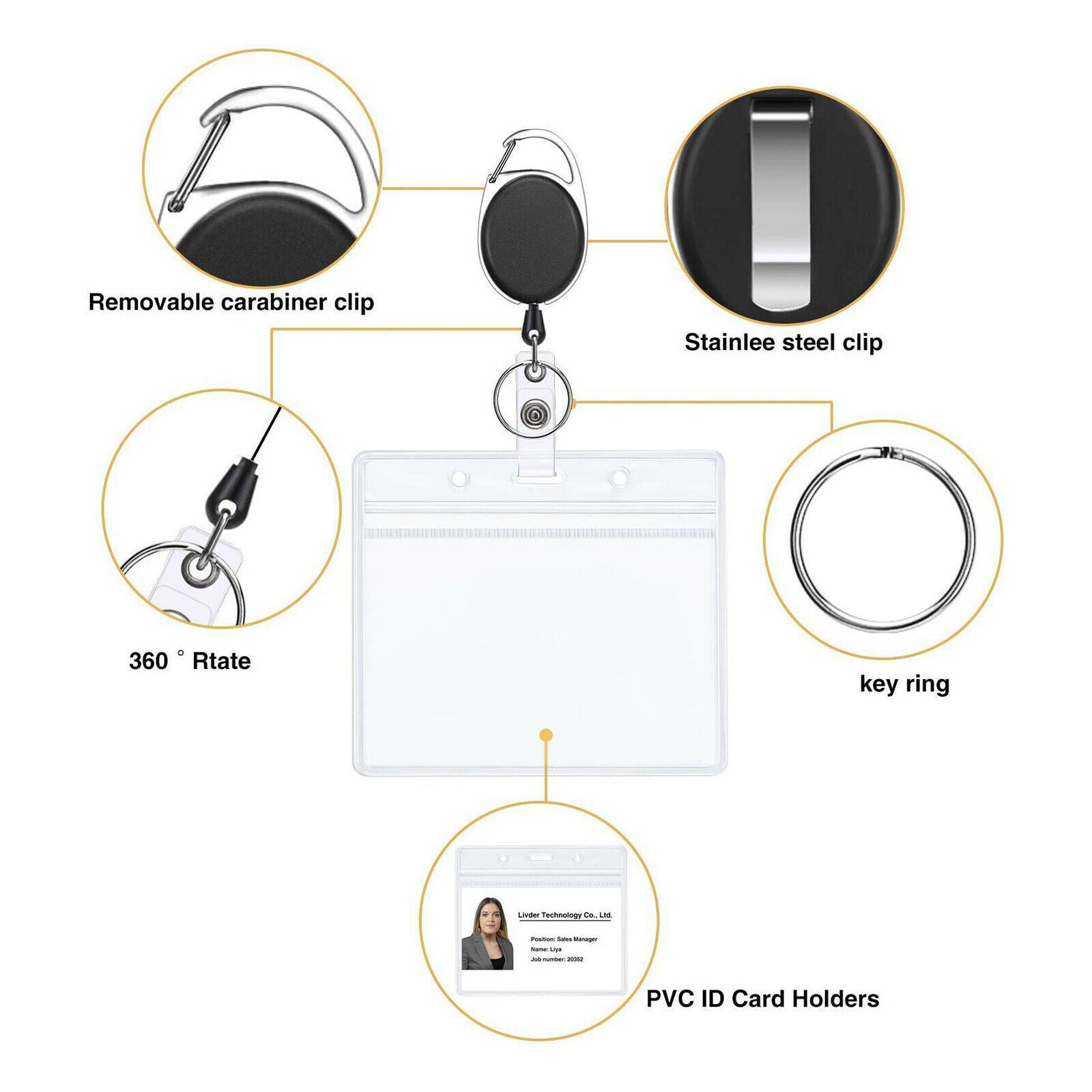 12x Black Heavy Duty Retractable Badge Reel Key Ring for Office Worker