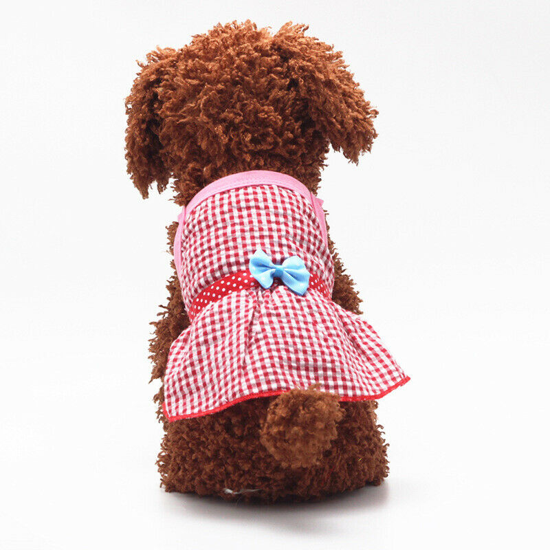 Puppy Dress Pet Dog Vest T Shirt Plaid Summer Apparel Bowtie Costume Red-M