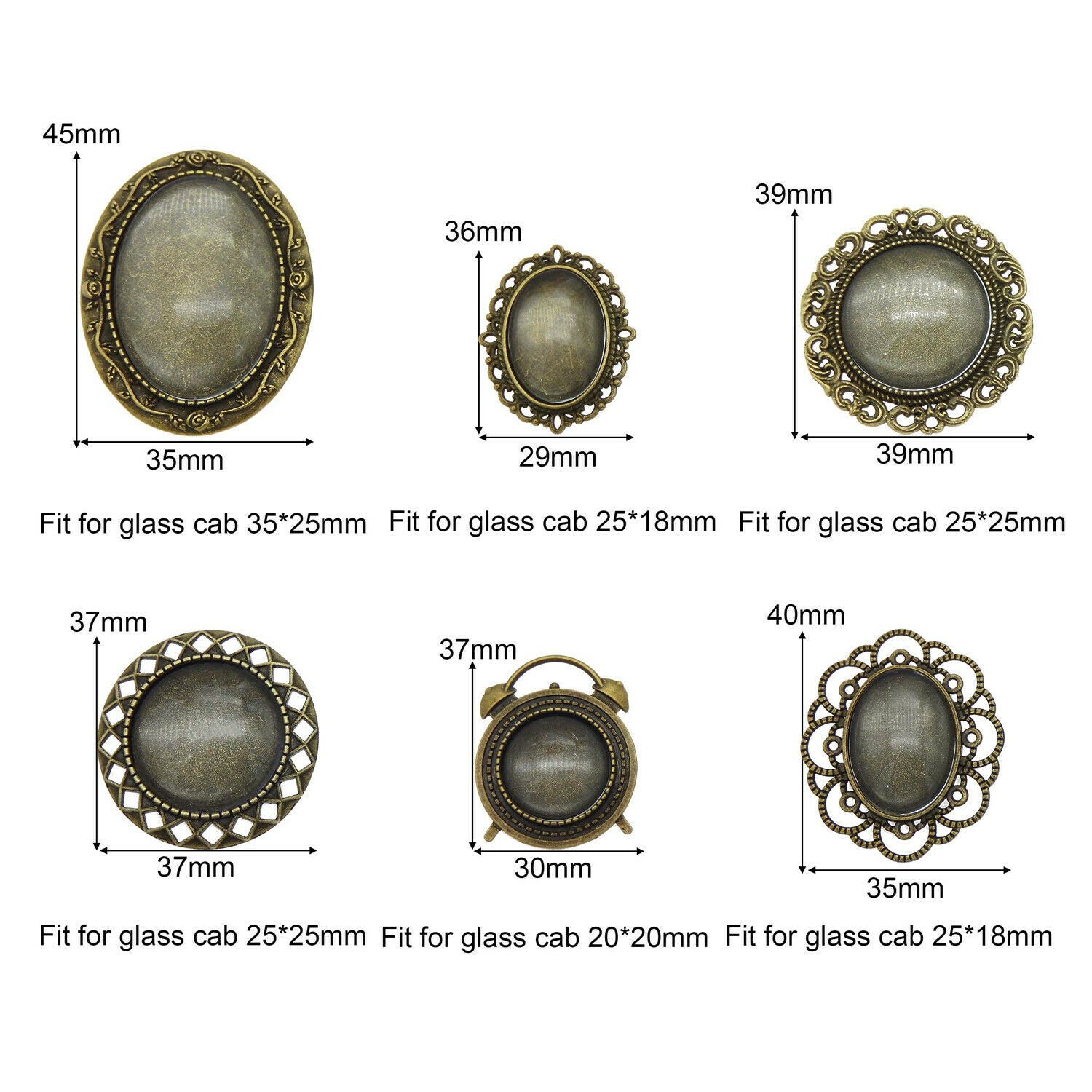 6 sets Mix Antiqued Bronze Pin Brooches Bezel Base Settings with Glass Cabochons