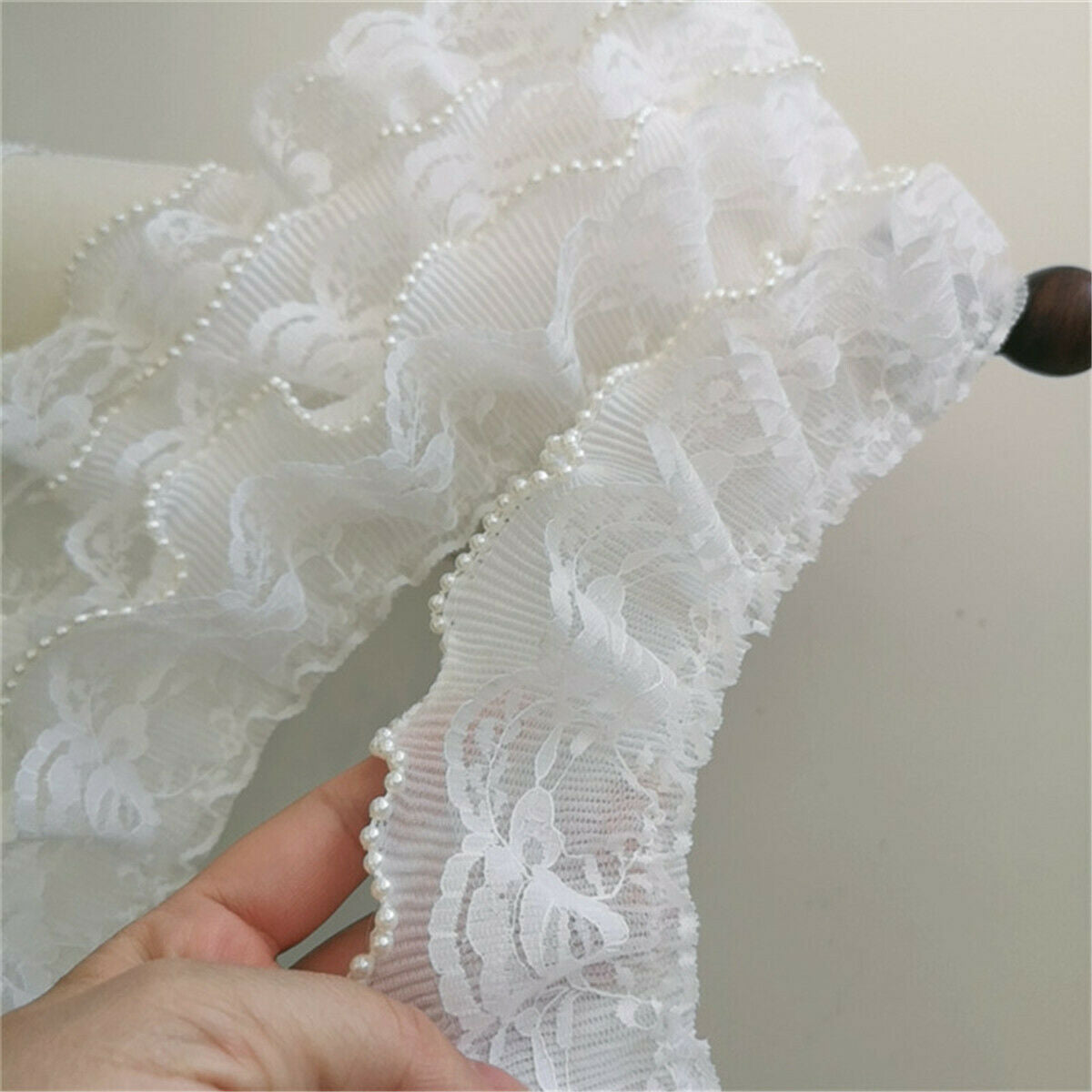 50cm Polyester 2 Layer Bead Pleated Lace Trim Ribbon Dress Cuff Sewing DIY Craft