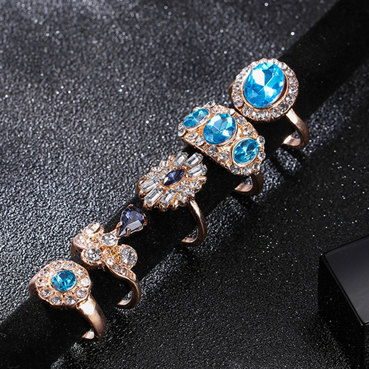 11 Pcs/set Women Blue Sapphire Geometry Round Water Drops Flower Ring Set