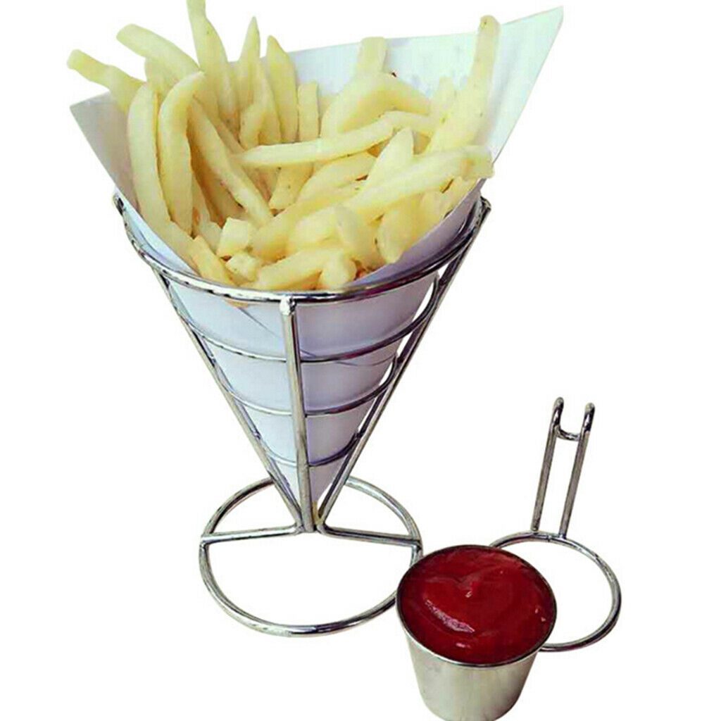 Stainless French Fry Stand Cone Basket Holder with Dip Bowl for Chips Snack
