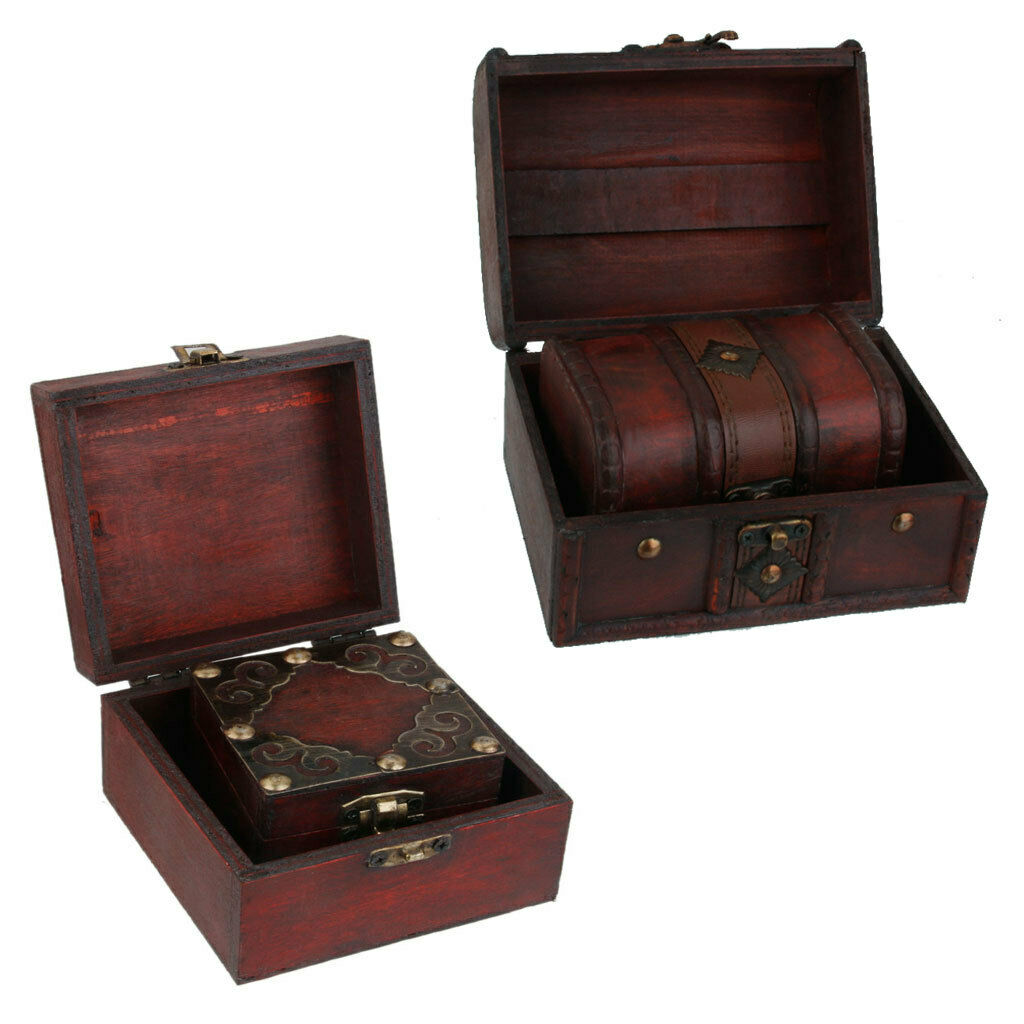 2pcs/Set Retro Wooden Lock Treasure Chests Jewelry Storage Box Showcase