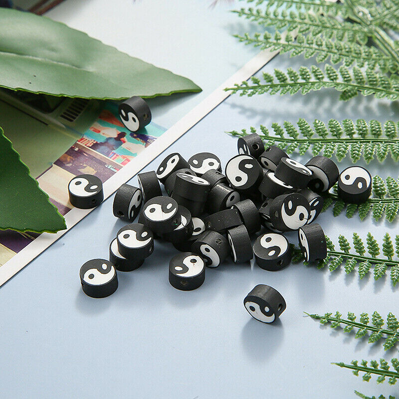 50pcs10mm Black Tai Chi Design Polymer Clay Spacer Loose Beads for JewelryY DF