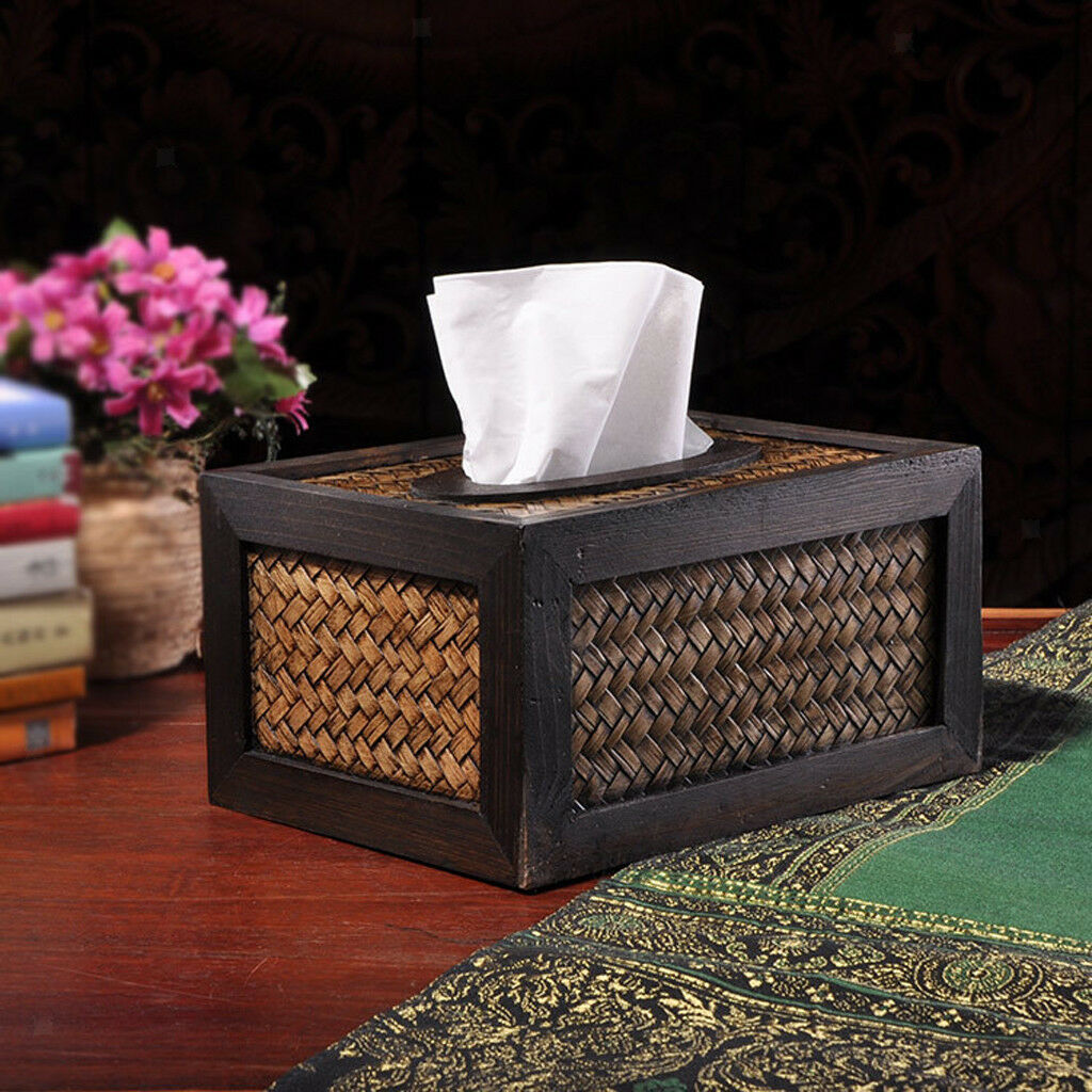 Retro Bamboo Wood Facial Tissue Box Cover/Holder for Bathroom Countertops